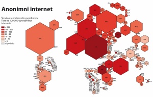 Število uporabnikov Tora iz posameznih držav. Slika: Oxford Internet Institute.